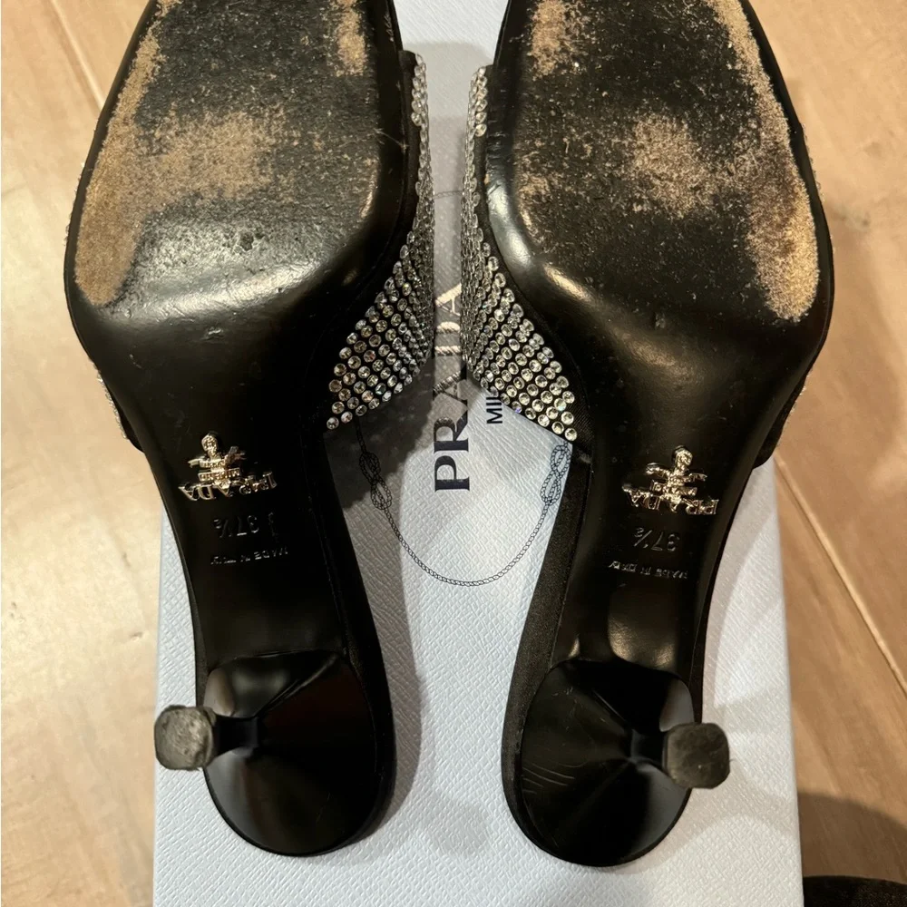 Prada - Satin Crystal Logo 65 mm Slide Sandal- Color: Black- Size: 37.5 - Picture 9 of 11